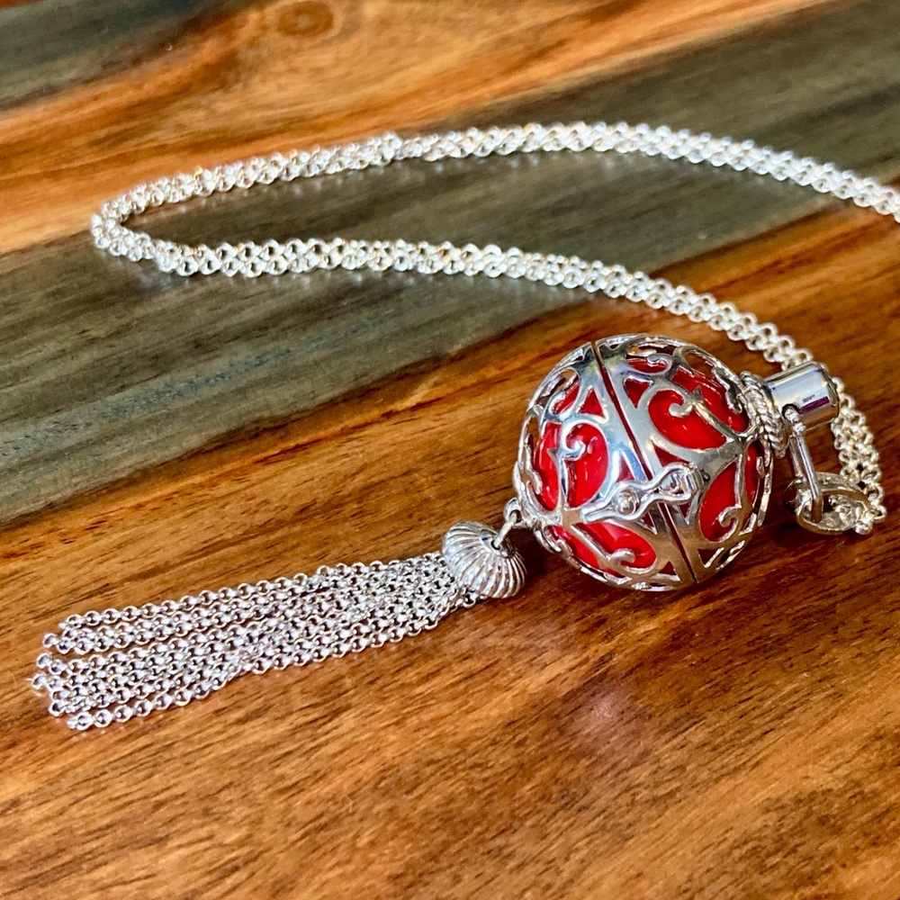 Thortiuda Lg Angel Whisperer with CZ & Tassel, Red Chime, 35” Chain, Sterling